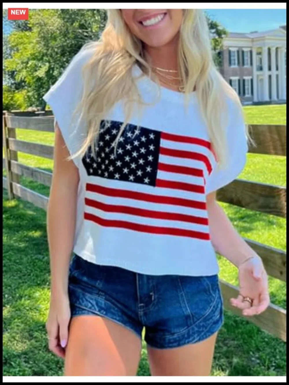 American Flag Cap Sleeve Crew Neck Summer Knit Pullover Top